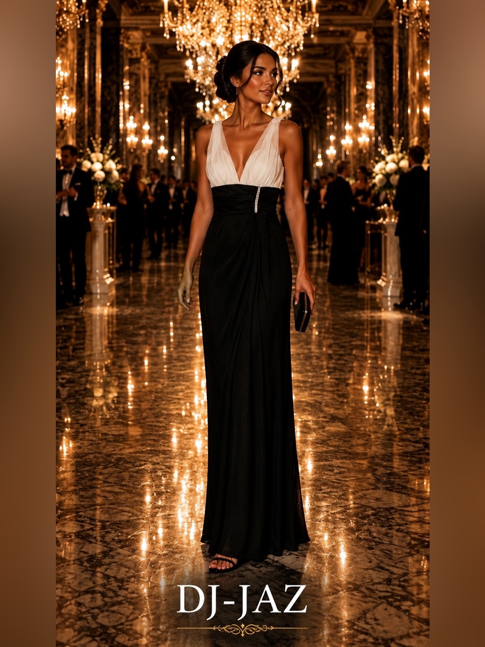 DI-JAZ Two-Tone Asymmetrical Evening Gown in Black and White